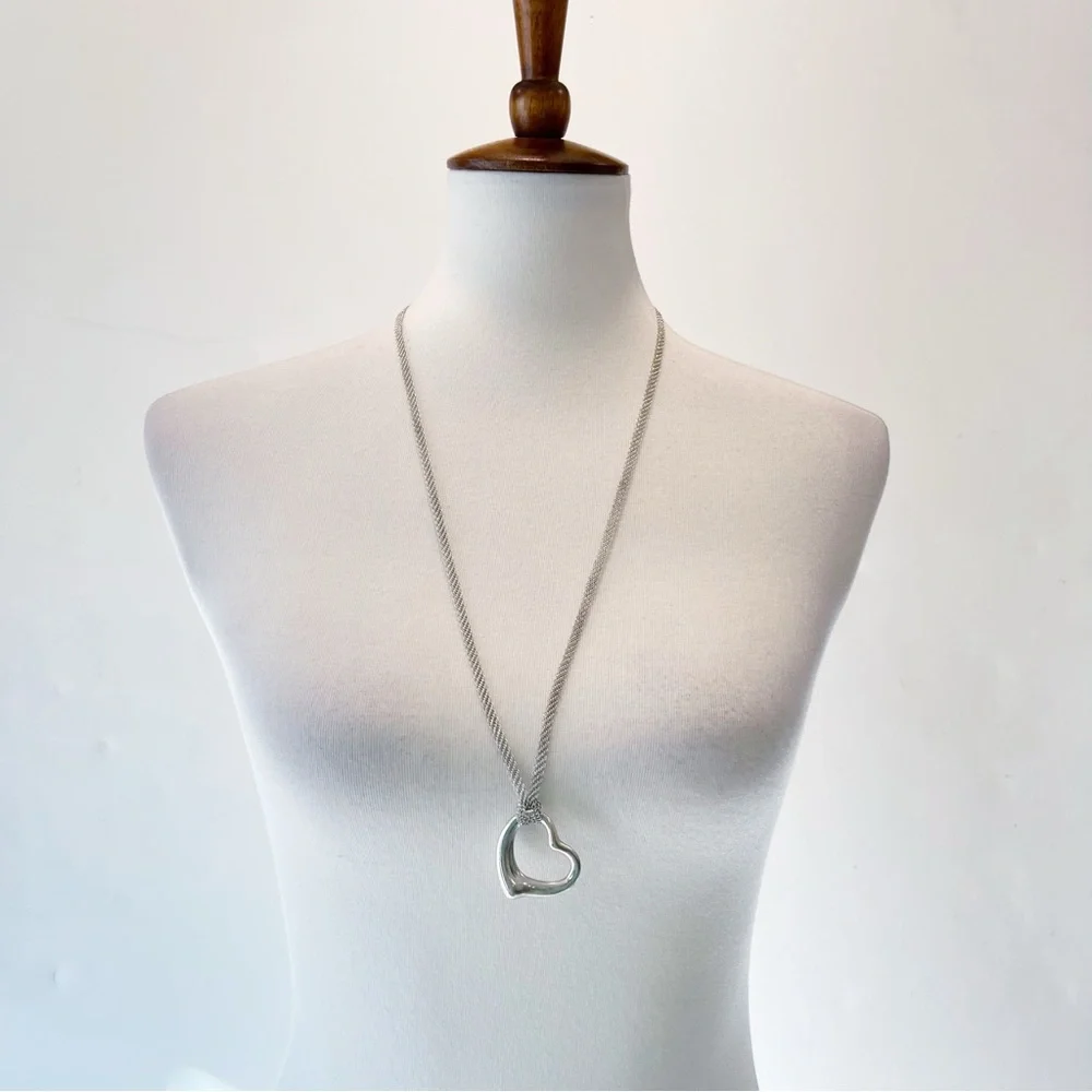 Elsa Peretti Tiffany Large Open Heart Pendant Sterling Silver Mesh Chain In Box - Picture 4 of 10